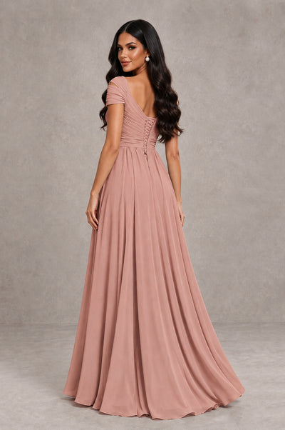 BOLODOO Dusty Rose Cold Shoulder Chiffon Evening Dress with V Neck and High Slit - Dusty Rose - Dusty Rose_2