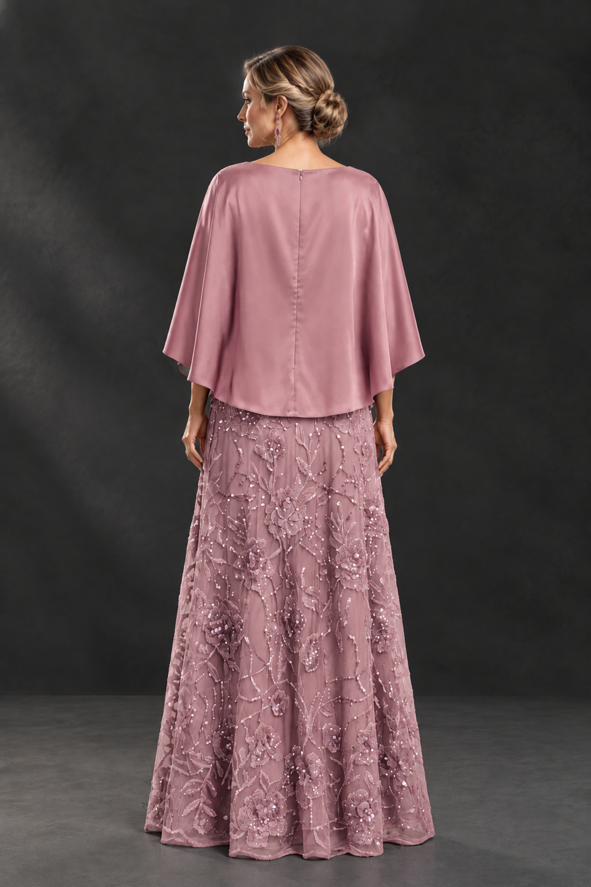 BOLODOO Dusty Rose Cape Sleeve Floral Mother of the Bride Dress - Dusty Rose - Dusty Rose_2