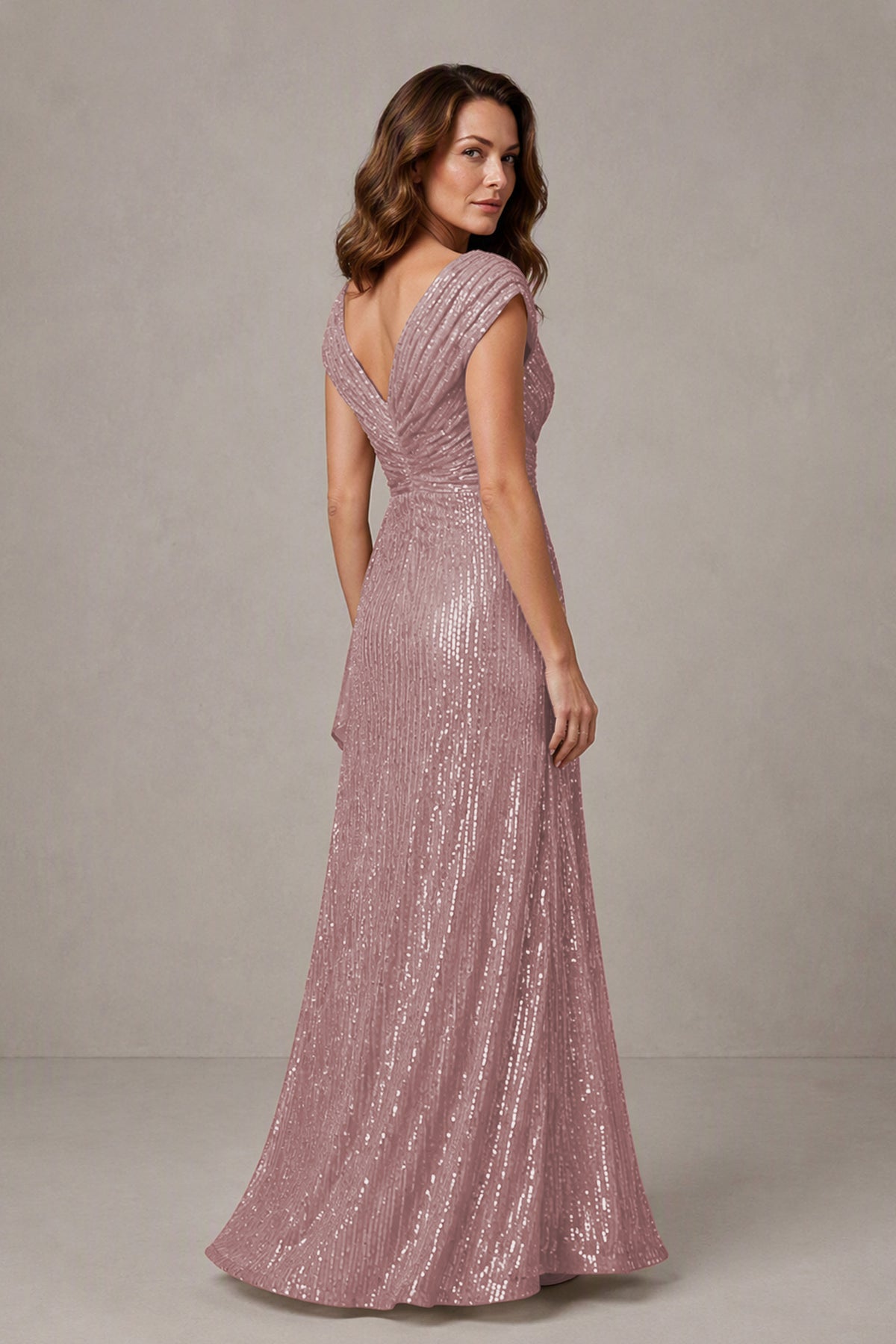 BOLODOO Dusty Rose Sequin V-Neck Cap Sleeve Maxi Dress - Dusty Rose