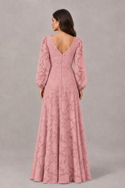 BOLODOO Dusty Rose Long Sleeve V-Neck A-Line Mother of the Bride Dress - Dusty Rose - Dusty Rose_2