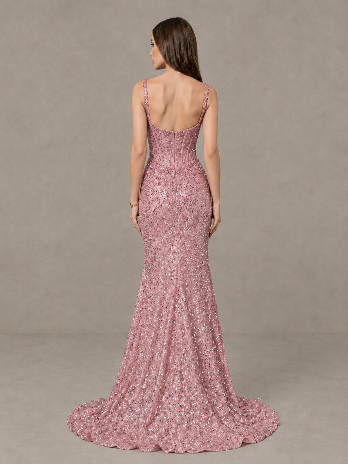 BOLODOO Dusty Rose Sequin Corset Evening Gown with High Slit - Dusty Rose - Dusty Rose_2