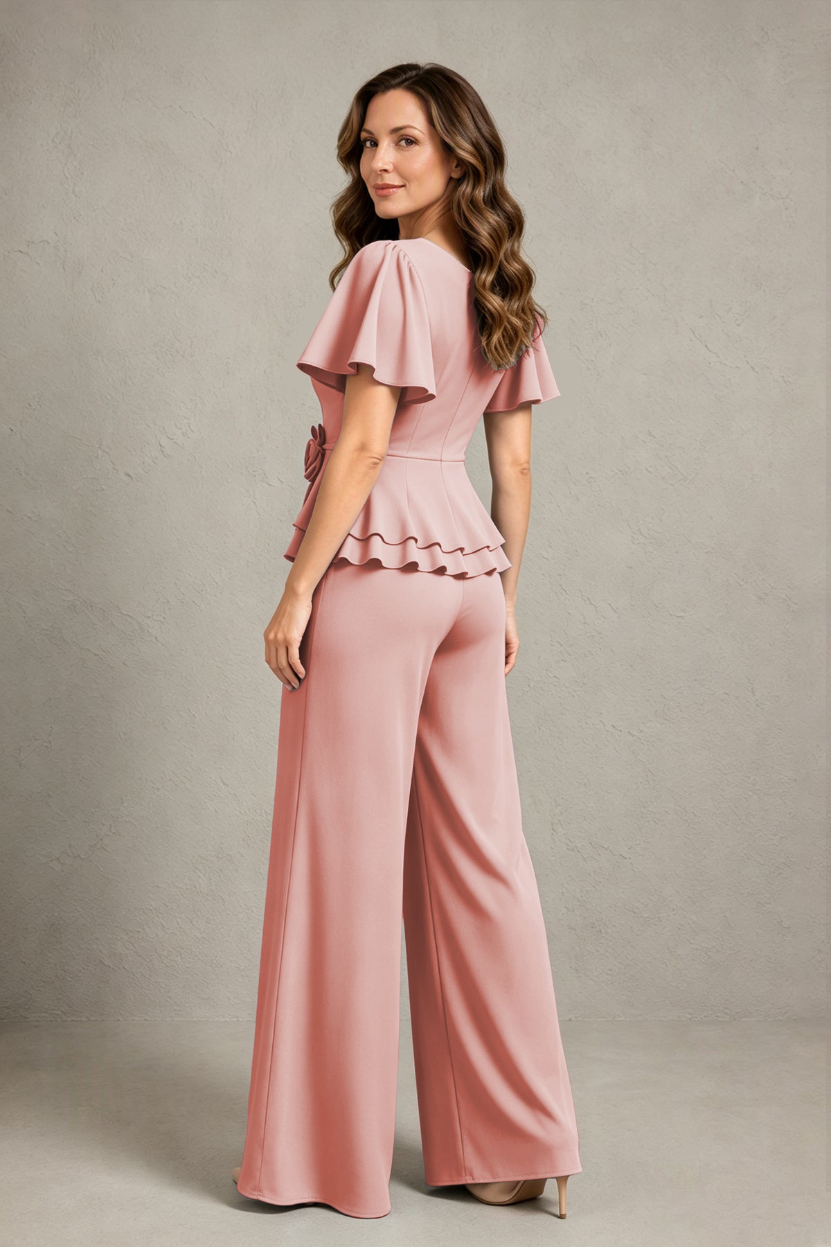 BOLODOO Dusty Rose Flutter Sleeve Peplum Wide-Leg Pant Suit - Dusty Rose