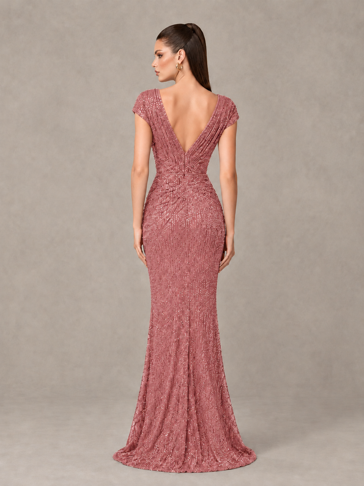 BOLODOO Dusty Rose Glitter V-Neck Cap Sleeve Ruched Mermaid Evening Gown - Dusty Rose - Dusty Rose_2