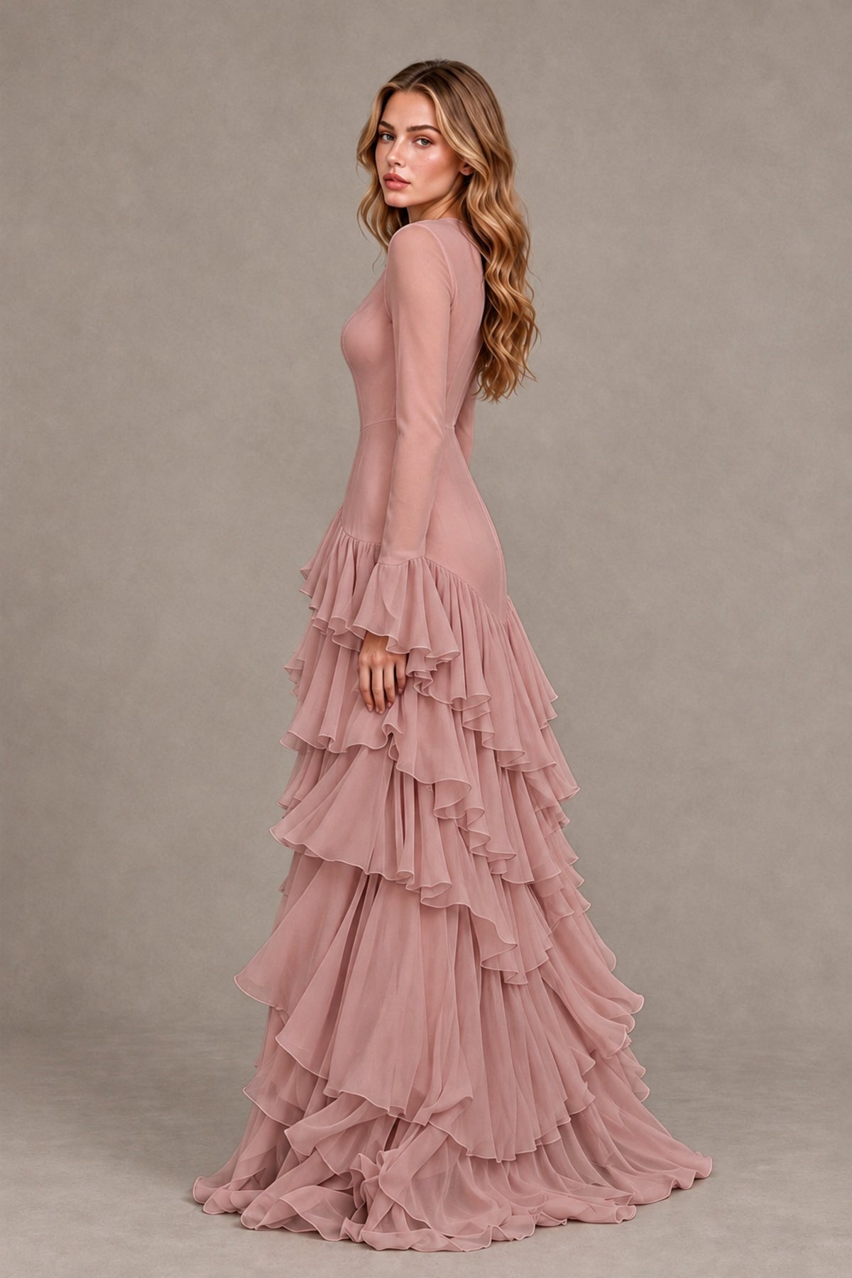 Dusty Rose Long Sleeve Tiered Ruffle Evening Gown - Dusty Rose - Dusty Rose_2