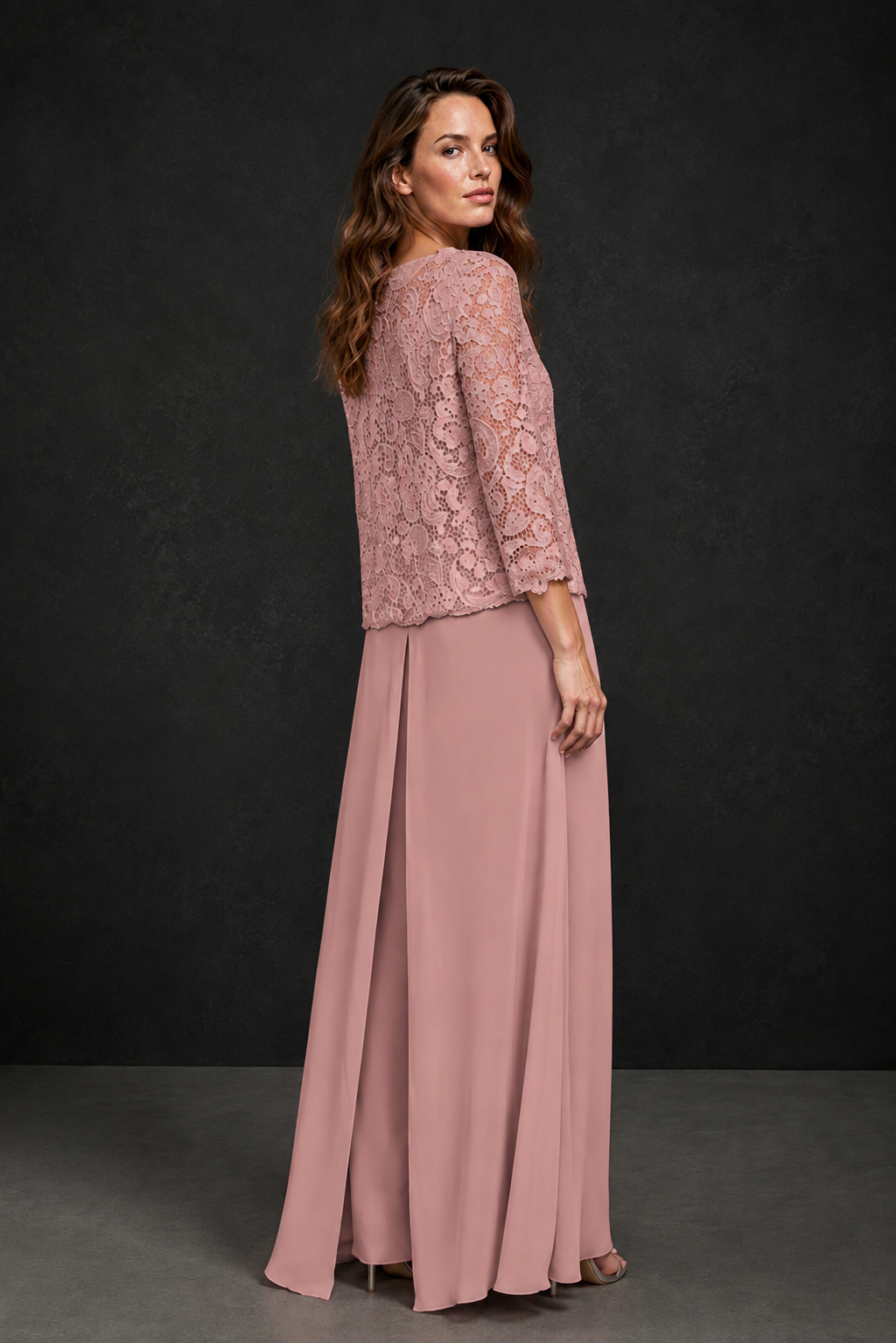 BOLODOO Dusty Rose Grey Lace Peplum Top & Wide-Leg Chiffon Pants Set | Mother of the Bride & Formal Evening Outfit - Dusty Rose