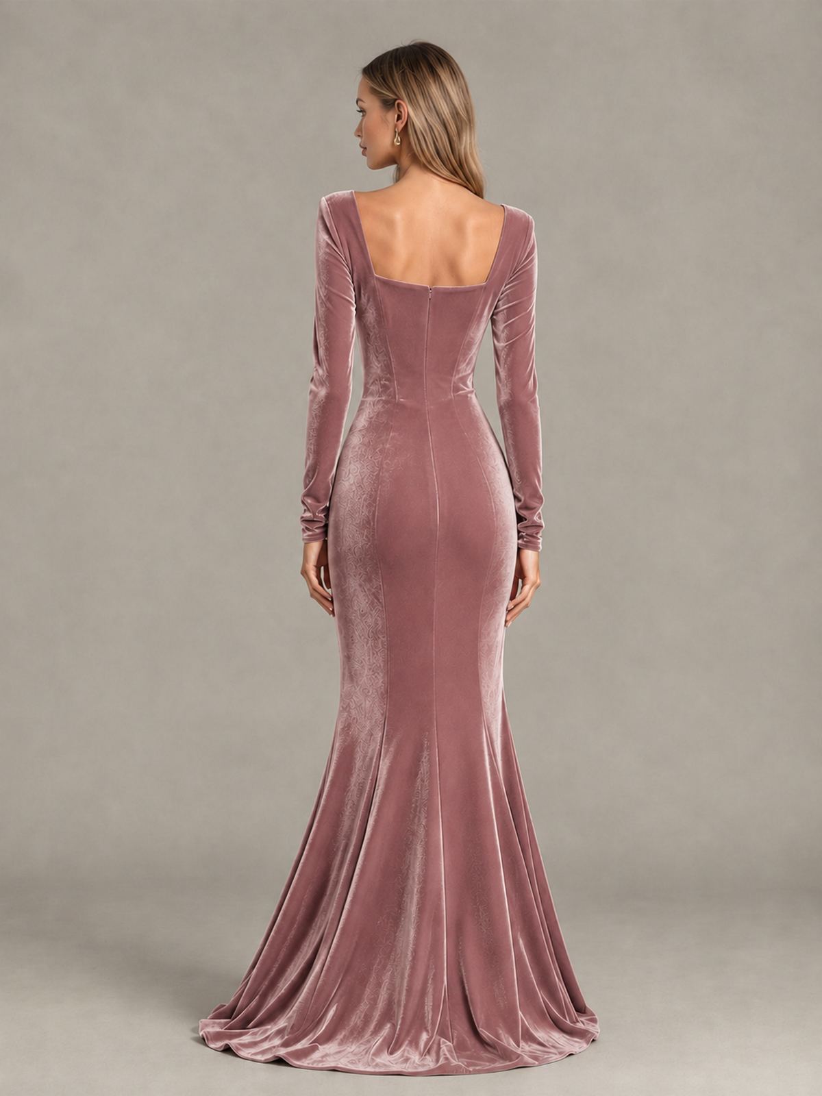 BOLODOO Dusty Rose Velvet-Look Square Neck Long Sleeve Mermaid Evening Dress - Dusty Rose - Dusty Rose_2