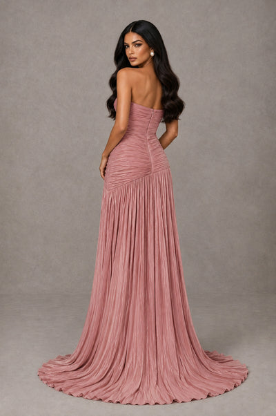 BOLODOO Dusty Rose Metallic Ruched Strapless Pleated A-Line Backless Maxi Dress with Train - Dusty Rose - Dusty Rose_2
