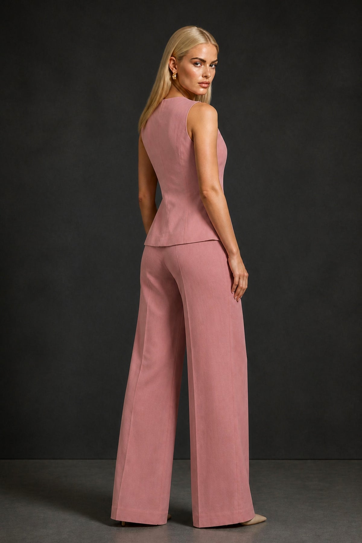 BOLODOO Dusty Rose Sleeveless Vest Top & Wide-Leg Trousers Two-Piece Suit Set – Dusty Rose Button Asymmetric Formal Set - Dusty Rose