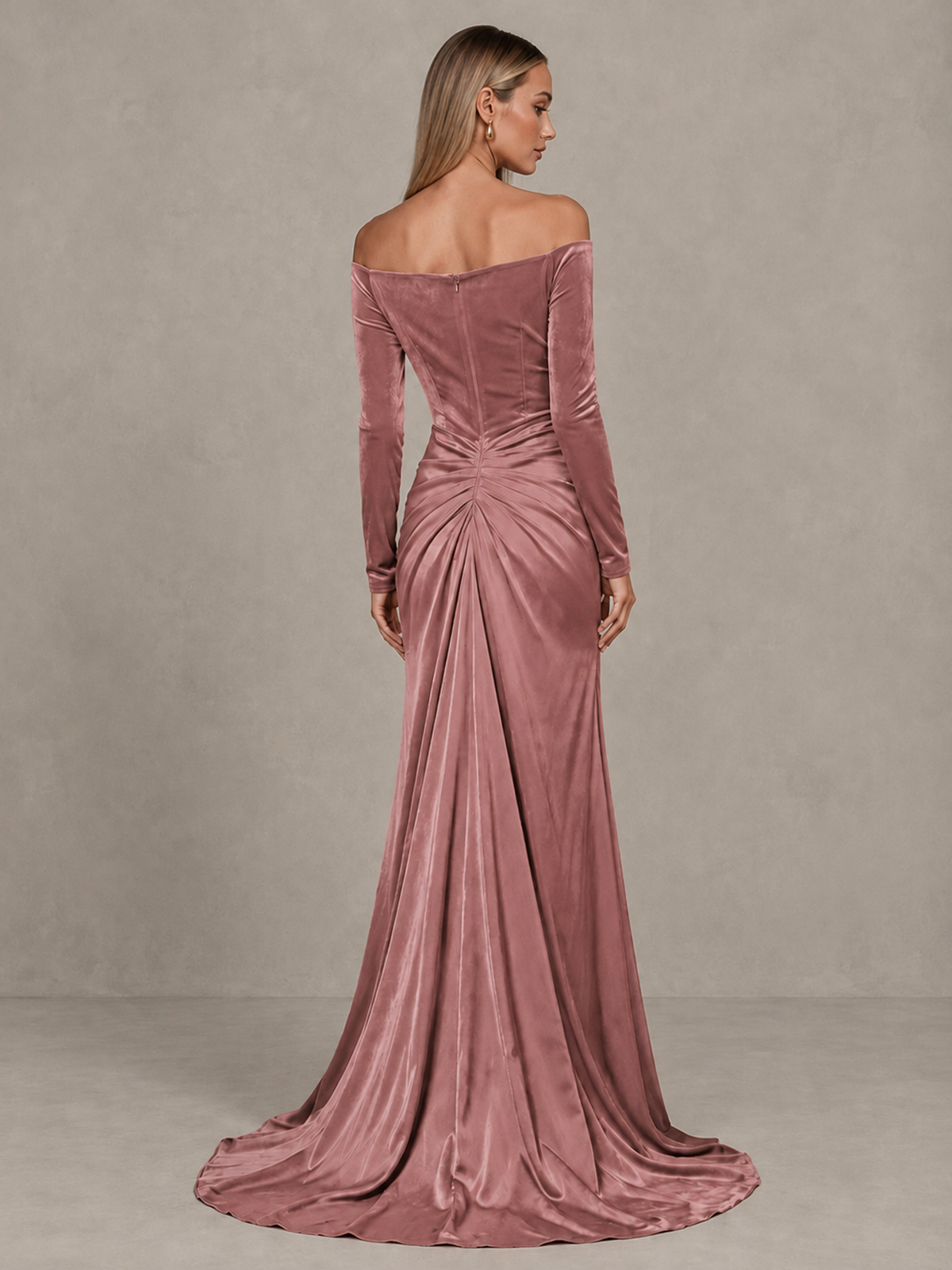 BOLODOO Dusty Rose Off-Shoulder Velvet Evening Gown with High Slit - Dusty Rose - Dusty Rose_2