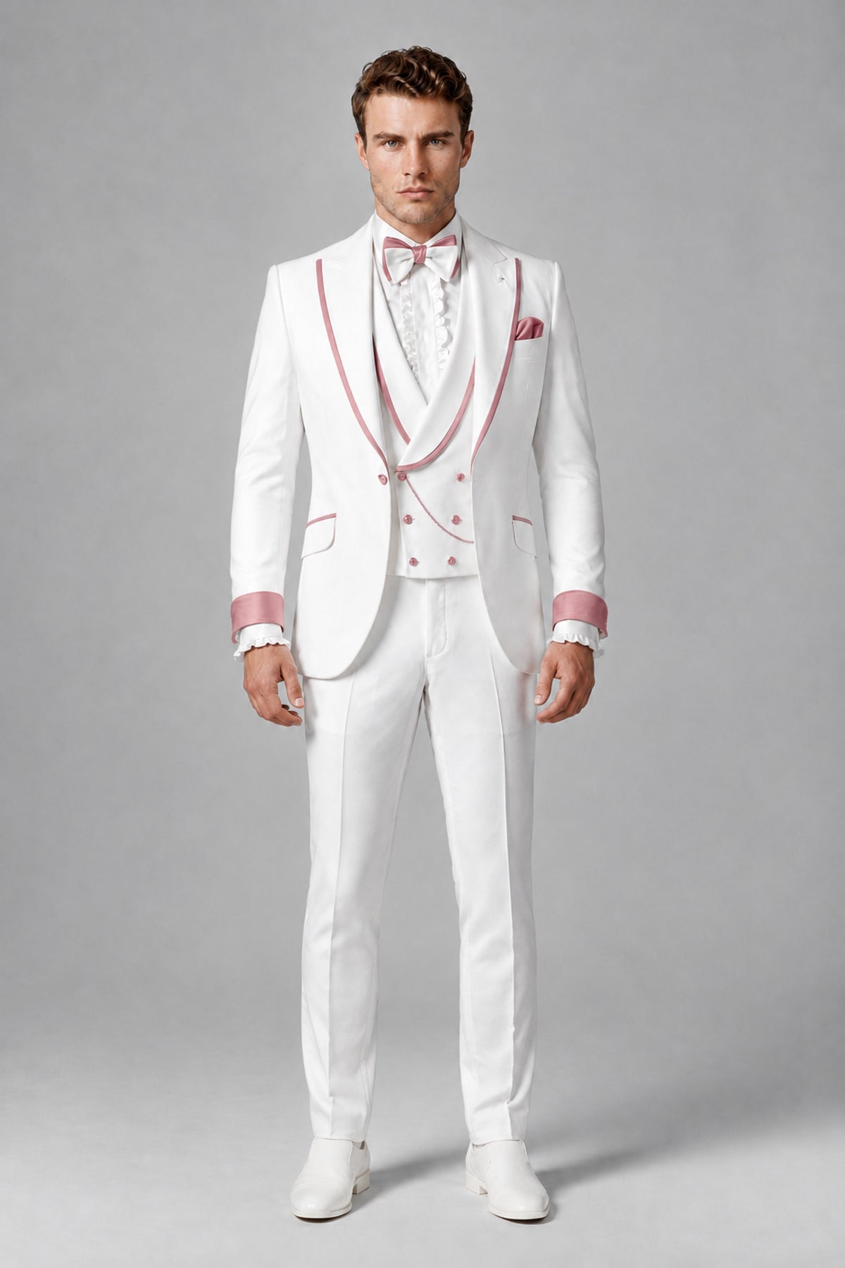 Bolodoo Men's White and Dusty Rose Three-Piece Wedding Tuxedo Suit - Dusty Rose - Dusty Rose_2