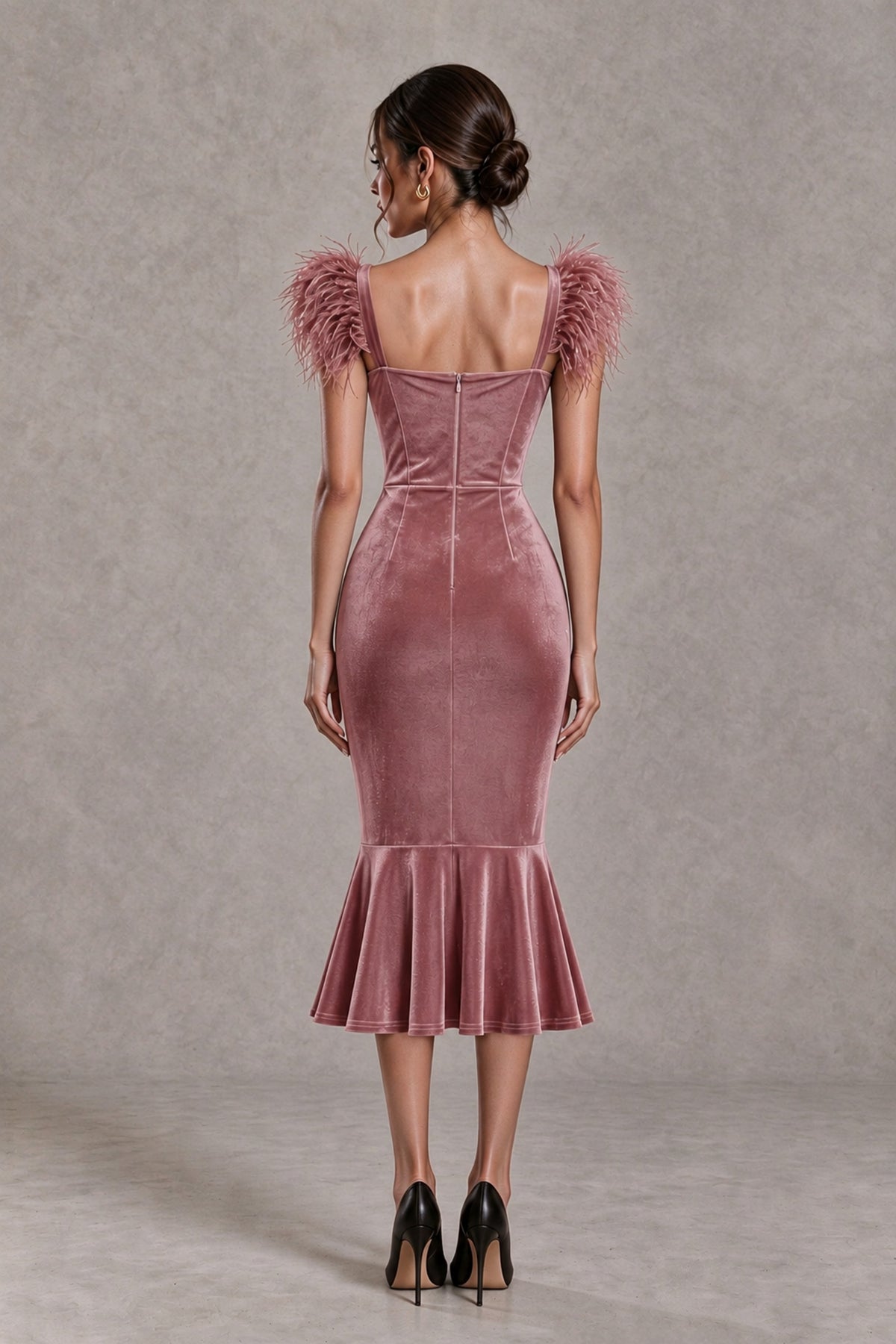 BOLODOO Dusty Rose Feather-Trim Velvet-Look Mermaid Midi Dress - Dusty Rose - Dusty Rose_2
