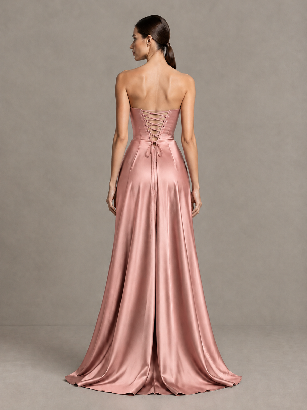BOLODOO Dusty Rose Strapless Satin High-Slit Lace-Up Prom Dress - Dusty Rose - Dusty Rose_2