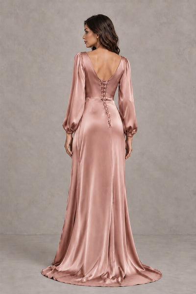 BOLODOO Dusty Rose Satin-Look Long Sleeve Evening Dress with High Slit - Dusty Rose - Dusty Rose_2