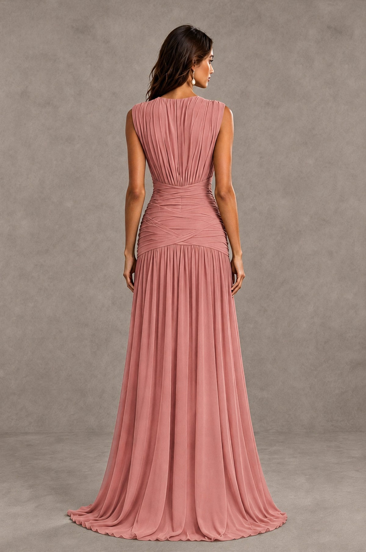 BOLODOO Dusty Rose V-Neck Ruched Wedding Guest Dress - Dusty Rose - Dusty Rose_2