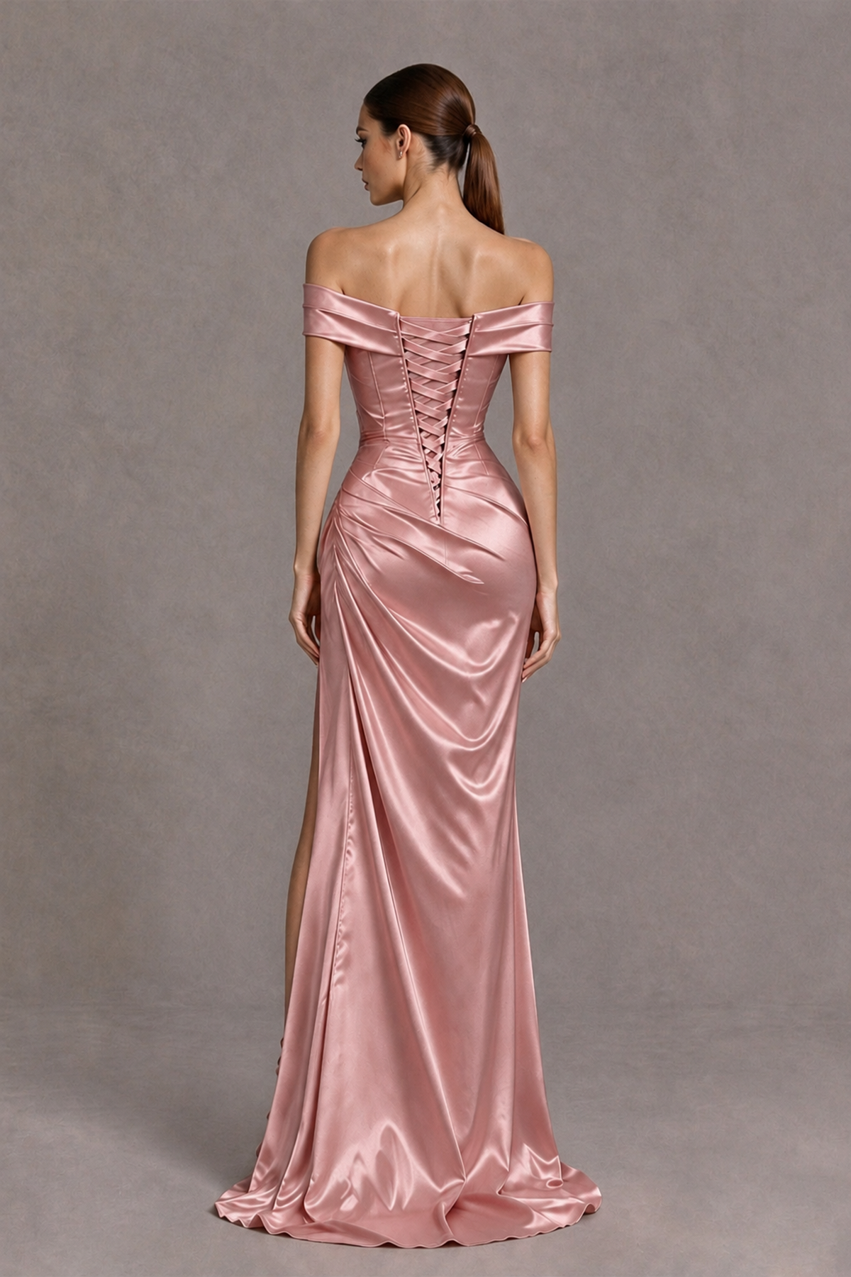 BOLODOO Dusty Rose Off-the-Shoulder Ruched Satin Prom & Evening Dress with High Slit - Dusty Rose - Dusty Rose_2