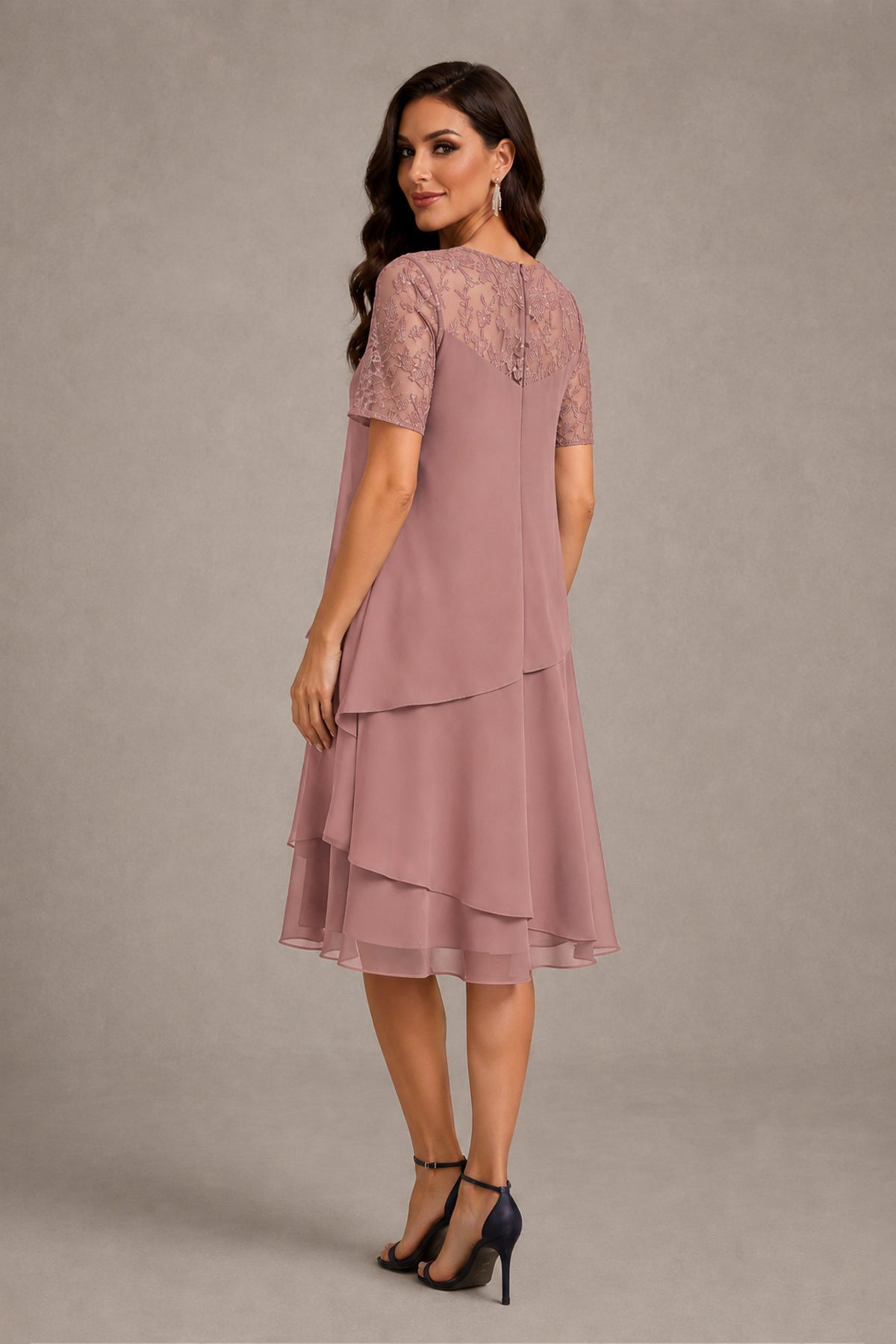 BOLODOO Dusty Rose Illusion Lace Short Sleeve Tiered Chiffon Tea Length Dress | Mother of the Bride Midi Dress - Dusty Rose
