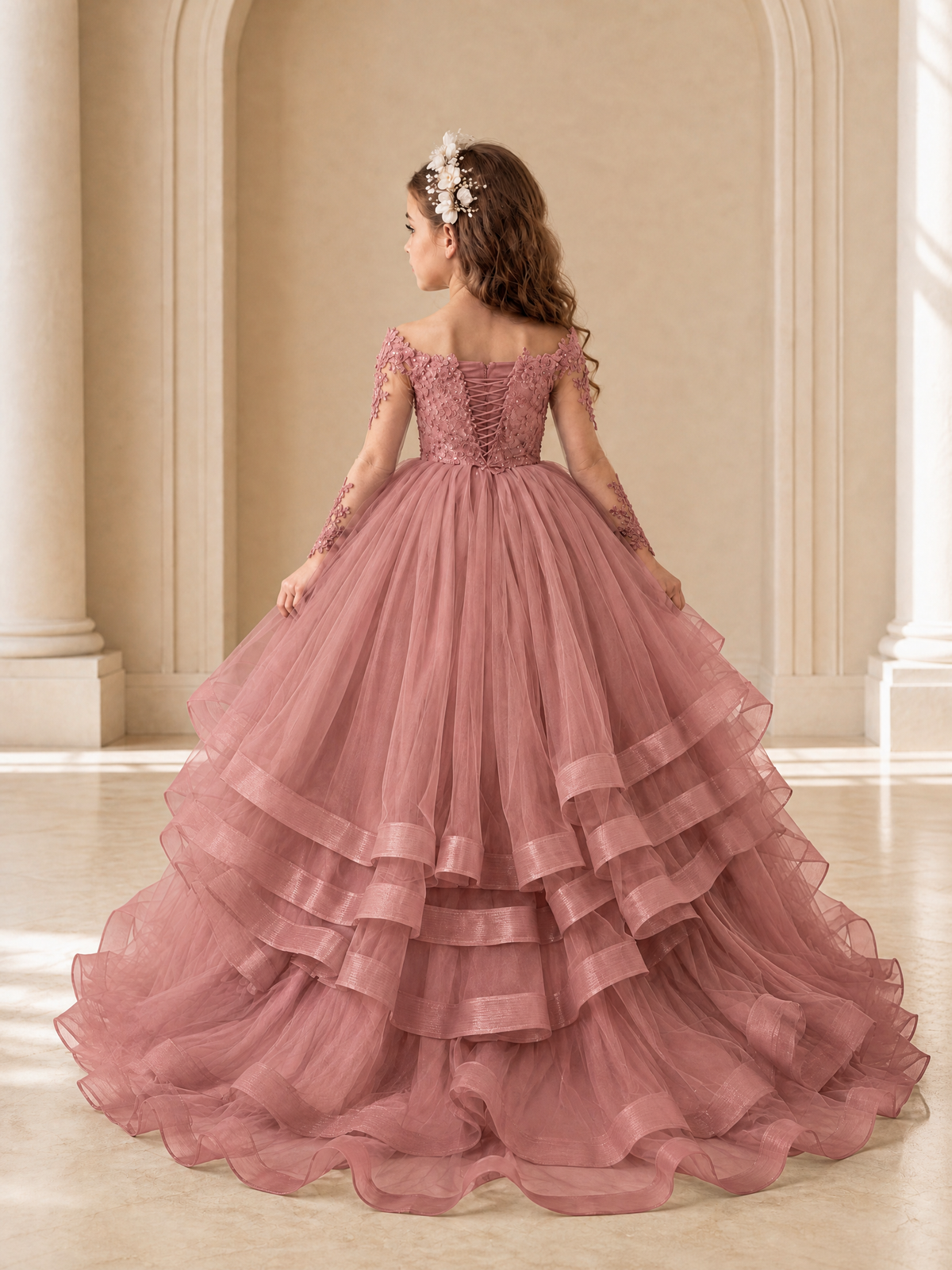BOLODOO Dusty Rose Lace Long Sleeve Tiered Flower Girl Dress - Dusty Rose - Dusty_Rose_2
