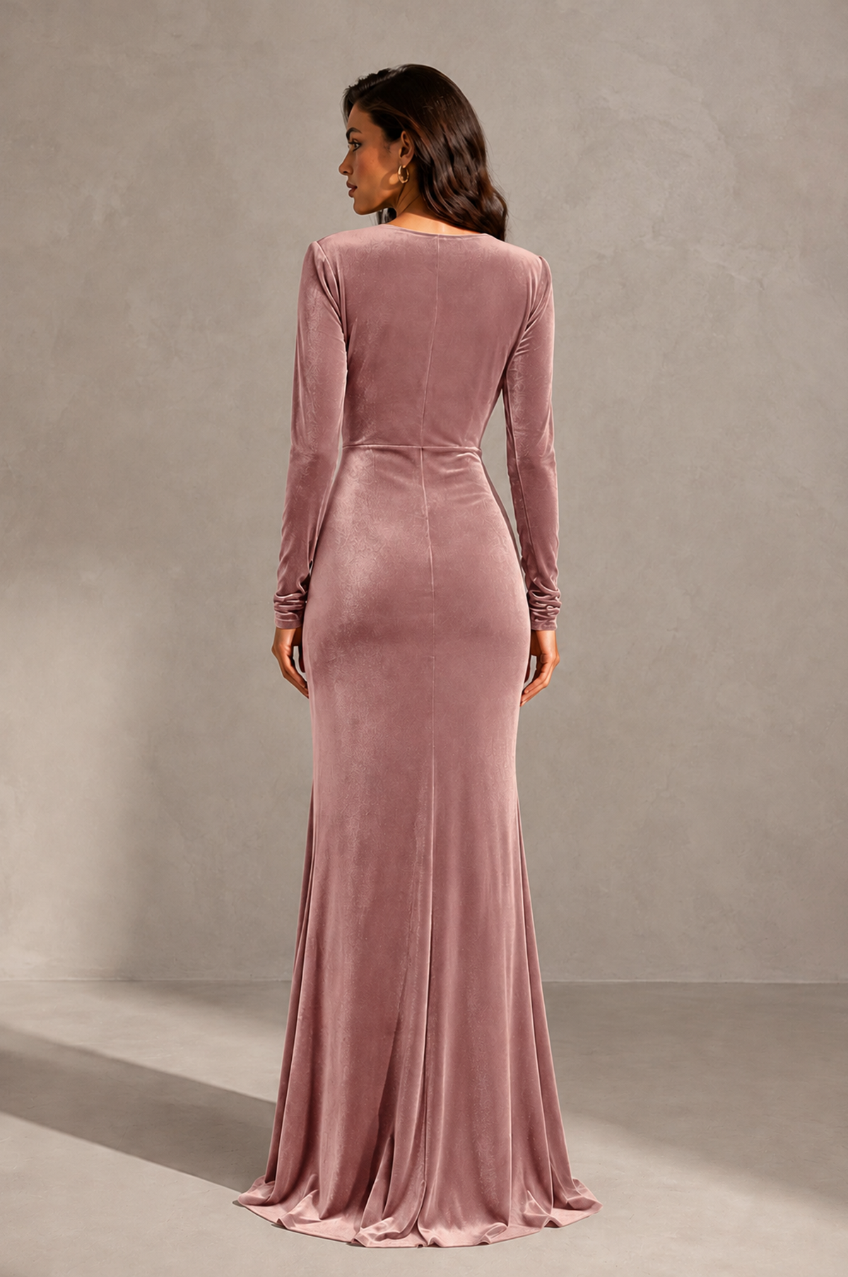 BOLODOO Dusty Rose Velvet Long Sleeve V-Neck Ruched Evening Gown - Dusty Rose