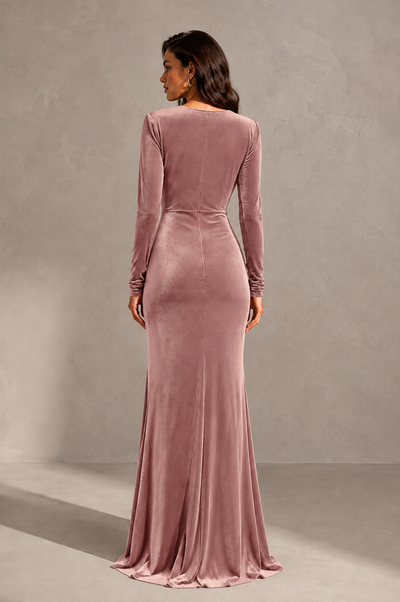 BOLODOO Dusty Rose Velvet Long Sleeve V-Neck Ruched Evening Gown - Dusty Rose