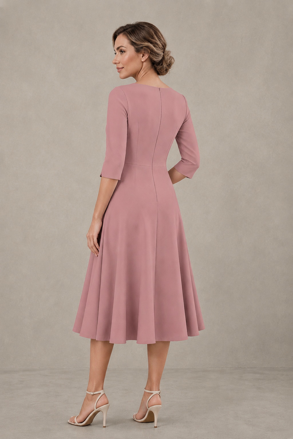BOLODOO Dusty Rose 3/4 Sleeve A-Line Dress with Floral Embroidery – Mother of the Bride & Wedding Guest Dress - Dusty Rose