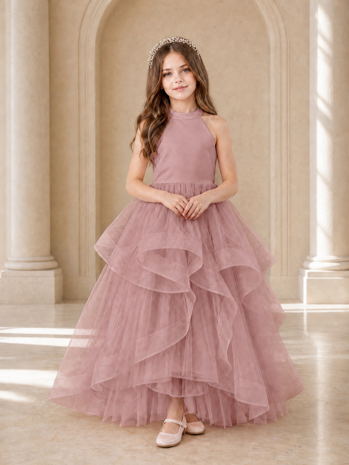 BOLODOO Dusty Rose Halter Tiered Tulle Flower Girl Dress with Bow Back - Dusty Rose - Dusty Rose_2