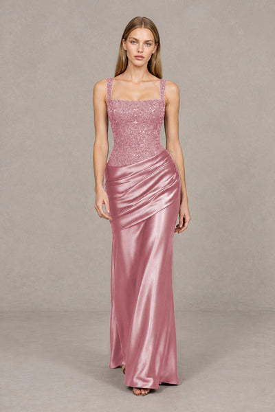 BOLODOO Dusty Rose Square Neck Embellished Satin Evening Gown - Dusty Rose