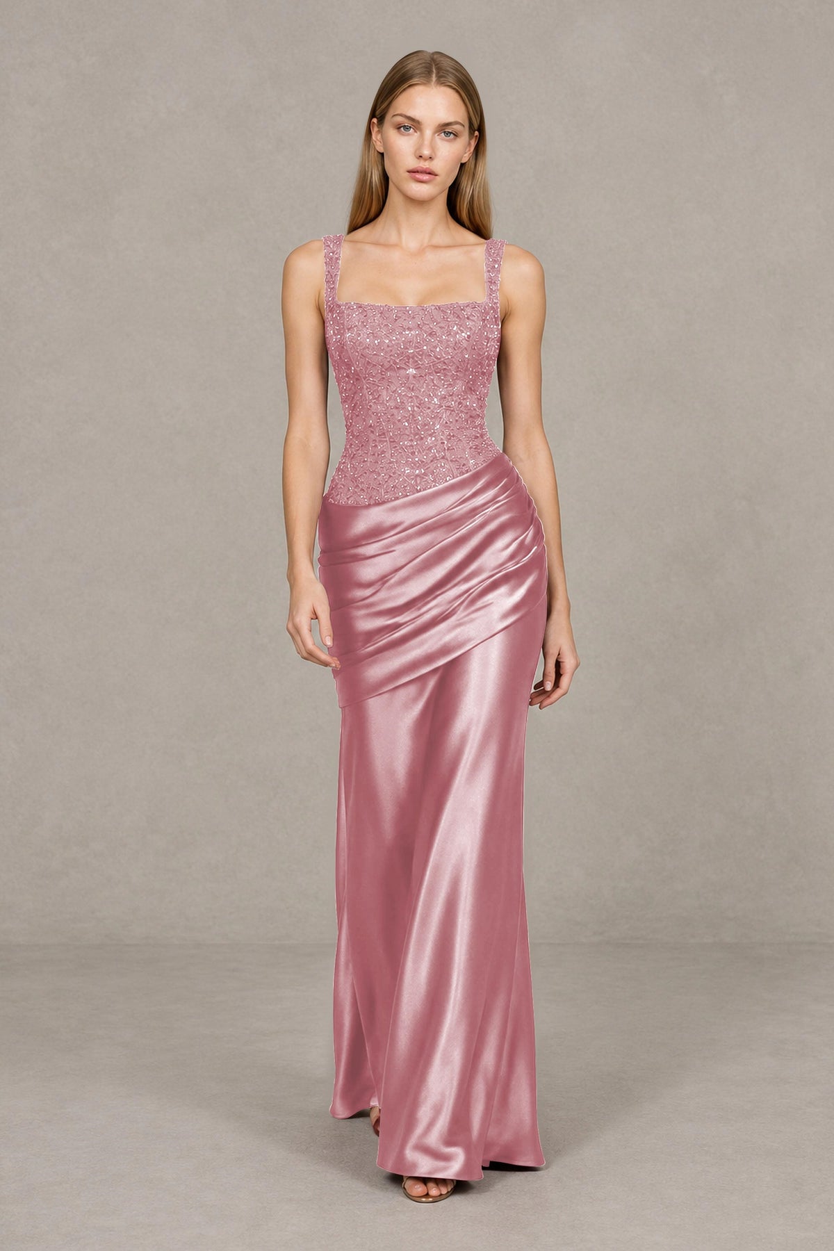 BOLODOO Dusty Rose Square Neck Embellished Satin Evening Gown - Dusty Rose