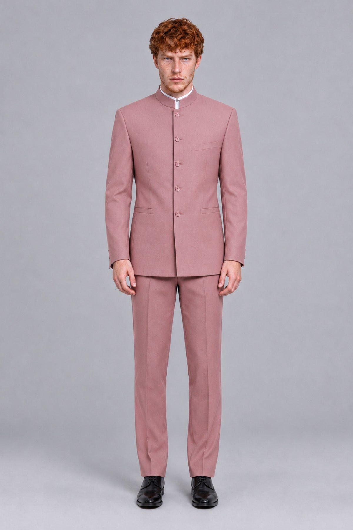 BOLODOO Men's Dusty Rose Mandarin Collar Two-Piece Suit - Dusty Rose - Dusty Rose_2