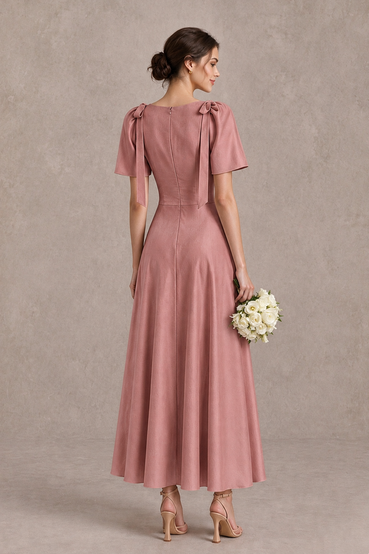 BOLODOO Dusty Rose V-Neck Short Sleeve Satin-Look Bridesmaid Dress with Shoulder Bows - Dusty Rose - Dusty Rose_2