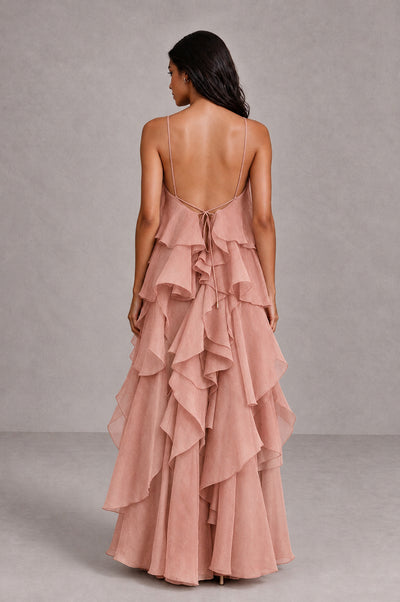 BOLODOO Dusty Rose Cascading Ruffle Rosette Open-Back Maxi Dress - Dusty Rose - Dusty Rose_2