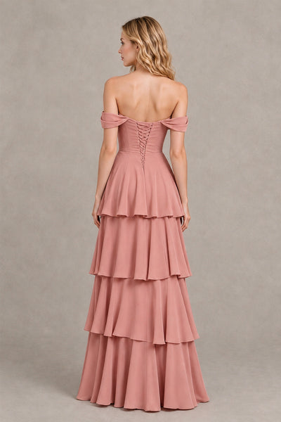 BOLODOO Dusty Rose Off-the-Shoulder Tiered A-Line Evening Bridesmaid Dress - Dusty Rose - Dusty Rose_2