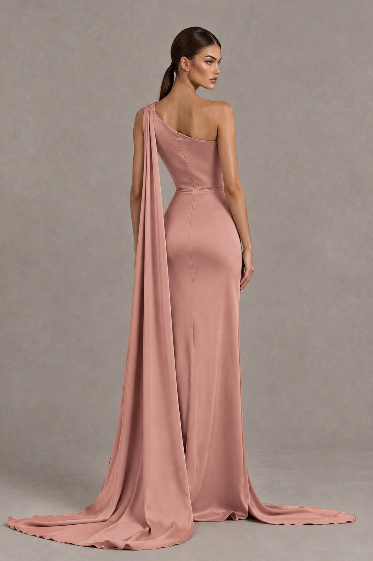 BOLODOO Dusty Rose One Shoulder Satin Evening Dress with High Slit and Draped Cape Train - Dusty Rose - Dusty Rose_2