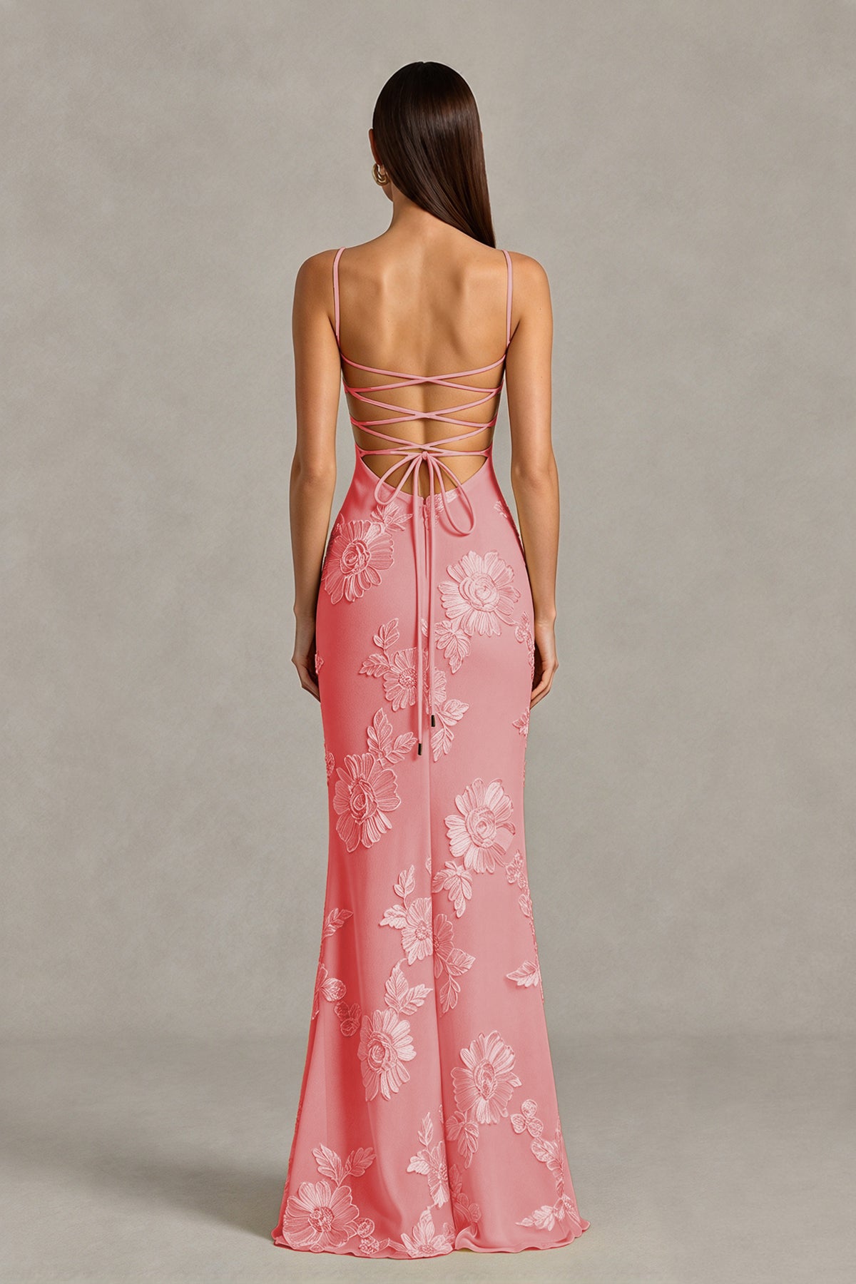 BOLODOO Dusty Rose Floral Lace-Up Back Mermaid Maxi Dress - Dusty Rose