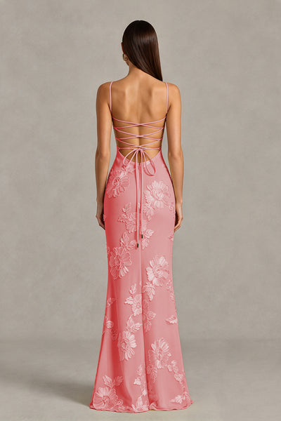 BOLODOO Dusty Rose Floral Lace-Up Back Mermaid Maxi Dress - Dusty Rose