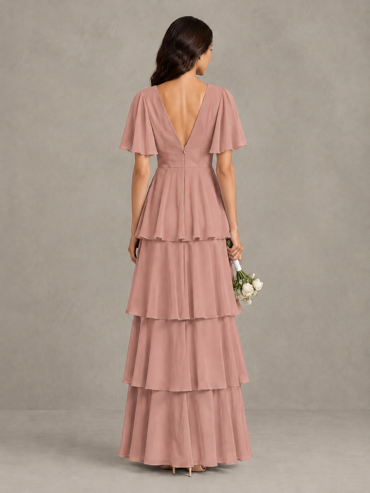 BOLODOO Dusty Rose Tiered Flutter Sleeve Bridesmaid Dress - Dusty Rose - Dusty Rose_2