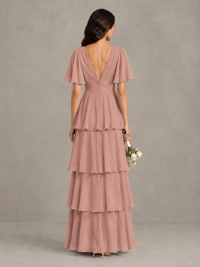BOLODOO Dusty Rose Tiered Flutter Sleeve Bridesmaid Dress - Dusty Rose - Dusty Rose_2