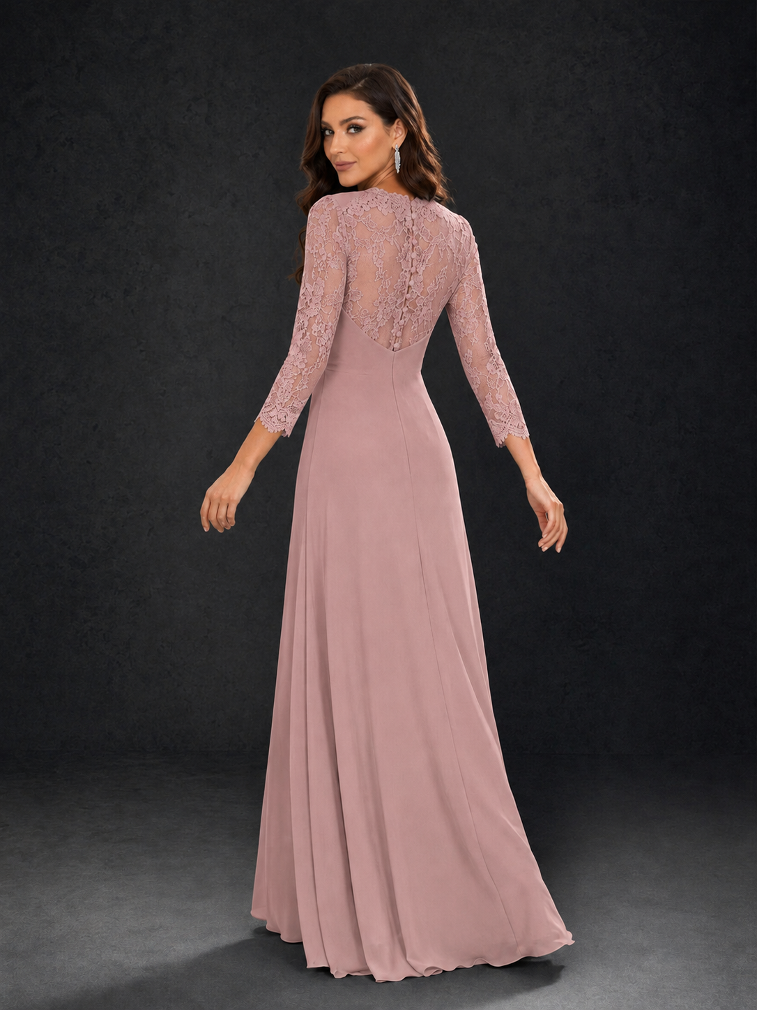 BOLODOO Dusty Rose Lace Sleeve V-Neck Floral Waist Chiffon A-Line Maxi Dress - Dusty Rose