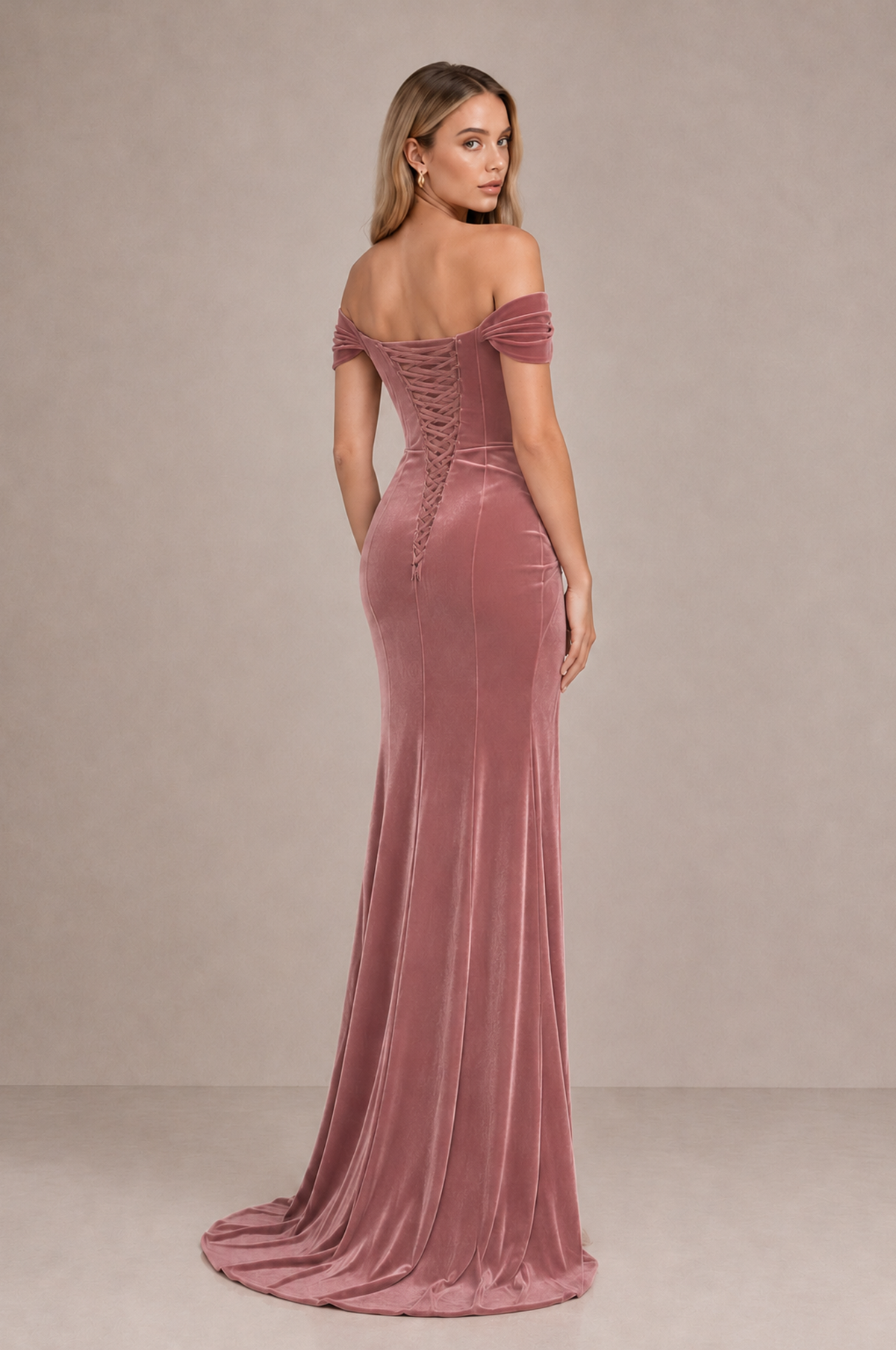 BOLODOO Dusty Rose Velvet Off-Shoulder Ruched High Slit Evening Dress - Dusty Rose - Dusty_Rose_2