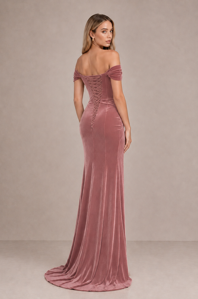 BOLODOO Dusty Rose Velvet Off-Shoulder Ruched High Slit Evening Dress - Dusty Rose - Dusty_Rose_2