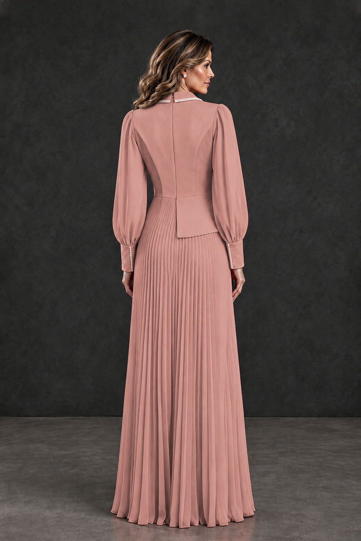 BOLODOO Dusty Rose Long Sleeve Pleated Mother of the Bride Dress - Dusty Rose - Dusty Rose_2