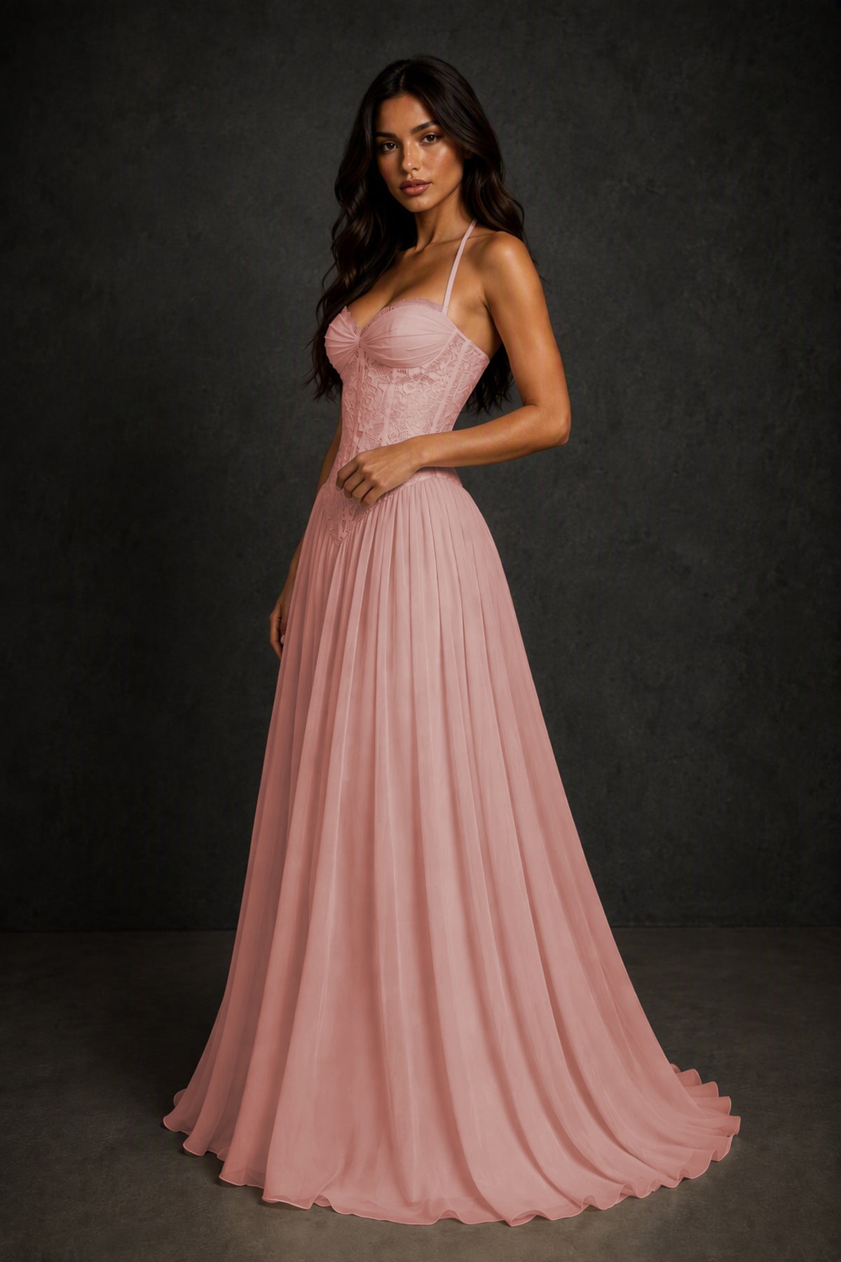 BOLODOO Dusty Rose Lace Corset Halter Maxi Gown – Backless A-Line Formal Dress - Dusty Rose