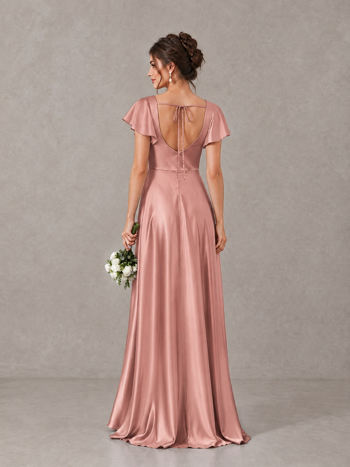 BOLODOO Dusty Rose Satin Square Neck Flutter Sleeve A-Line Bridesmaid Dress with Slit - Dusty Rose - Dusty Rose_2