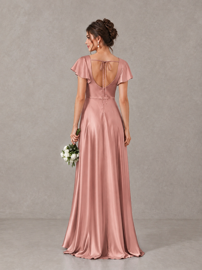 BOLODOO Dusty Rose Satin Square Neck Flutter Sleeve A-Line Bridesmaid Dress with Slit - Dusty Rose - Dusty Rose_2