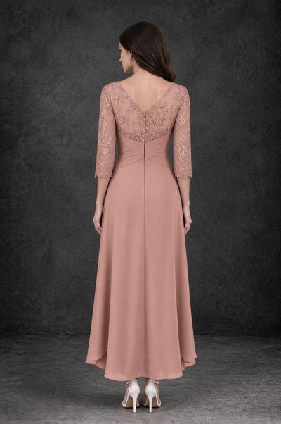 BOLODOO Dusty Rose Sequin Lace & Chiffon Tea-Length Mother of the Bride Dress with 3/4 Sleeves - Dusty Rose - Dusty_Rose_2