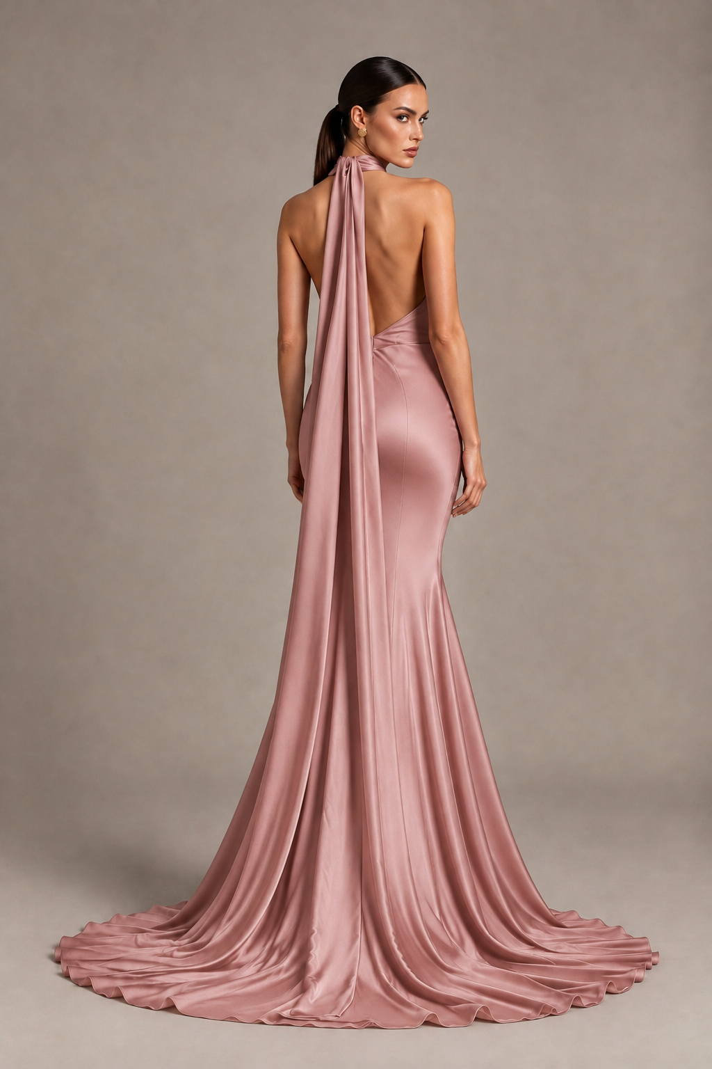 BOLODOO Dusty Rose One-Shoulder Satin Mermaid Evening Dress with Scarf - Dusty Rose - Dusty Rose_2