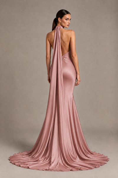 BOLODOO Dusty Rose One-Shoulder Satin Mermaid Evening Dress with Scarf - Dusty Rose - Dusty Rose_2