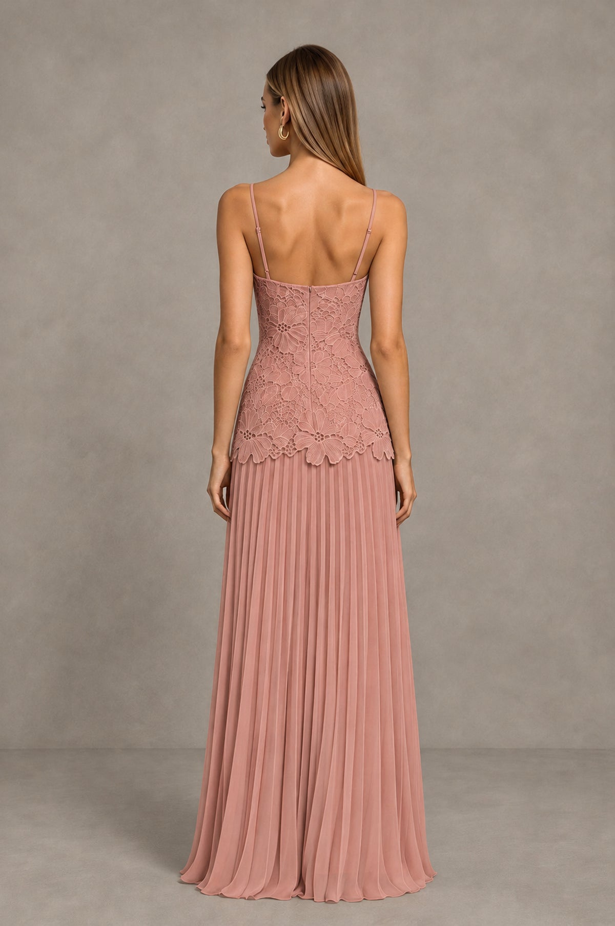 BOLODOO Dusty Rose Lace Bodice Pleated Wedding Guest Dress - Dusty Rose - Dusty Rose_2