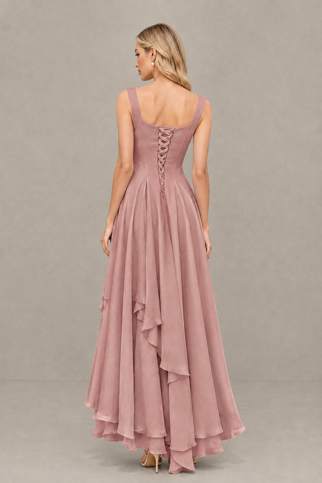 BOLODOO Dusty Rose Square Neck Chiffon Bridesmaid Dress with Lace-Up Back - Dusty Rose