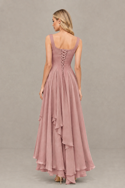 BOLODOO Dusty Rose Square Neck Chiffon Bridesmaid Dress with Lace-Up Back - Dusty Rose