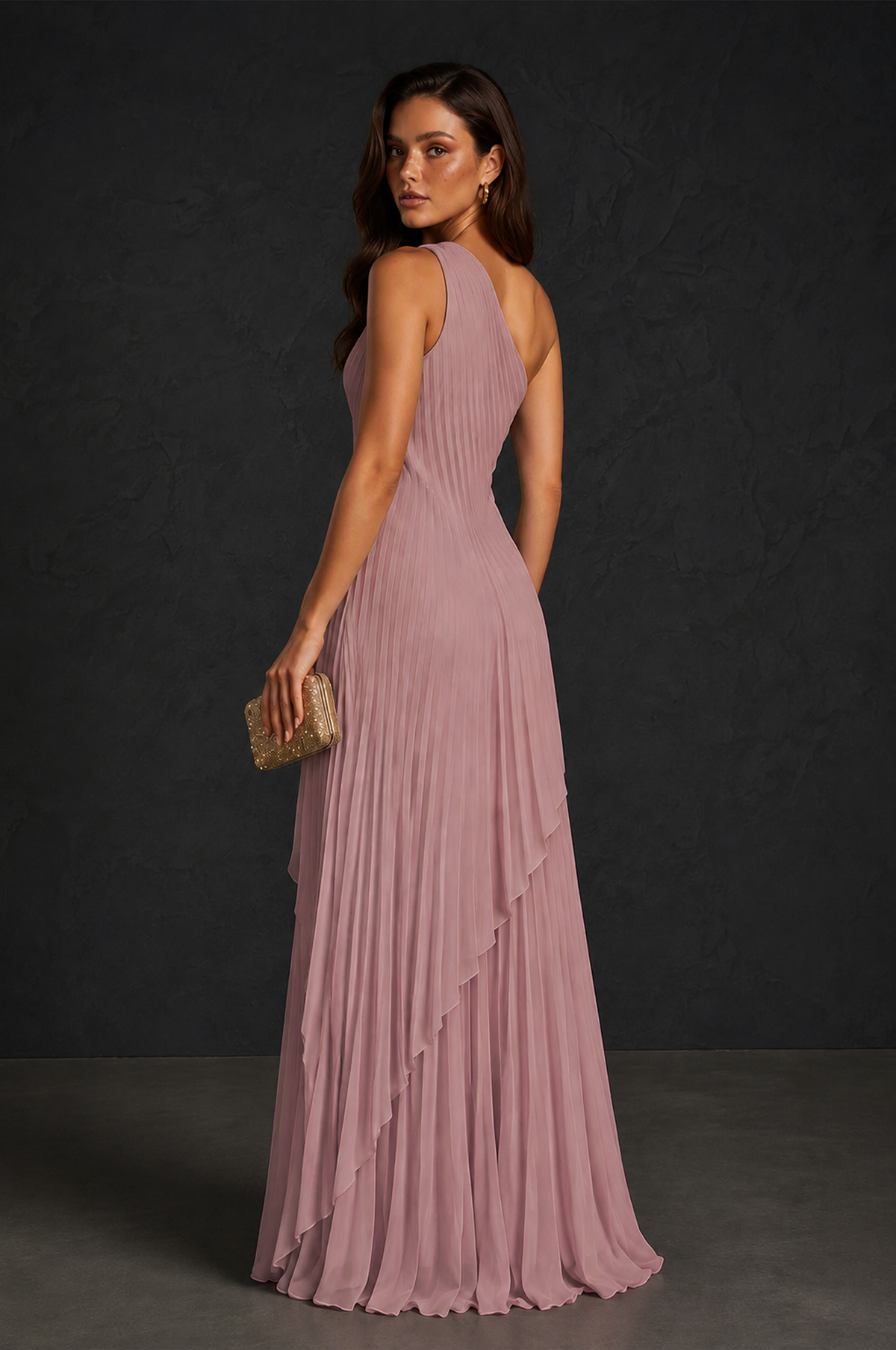 BOLODOO Dusty Rose One-Shoulder Sunburst Pleated Asymmetric Layered Overlay Accordion Pleated Chiffon Maxi Dress - Dusty Rose